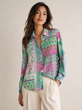 Zara Boho Patchwork Paisley Printed Button Down Shirt Size Medium